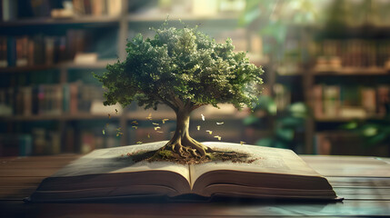 World philosophy day concept with tree of knowledge planting on opening old big book in library.