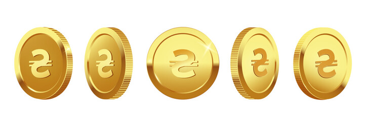Realistic gold coin with hryvnia sign on white background. Vector 3d illustration