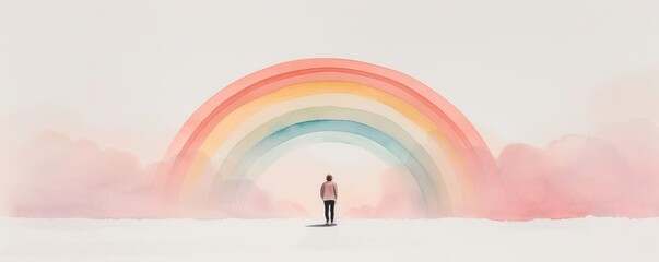 Watercolor depiction of a person looking at a rainbow after a storm, embodying resilience and positive perspective, vivid and serene hues
