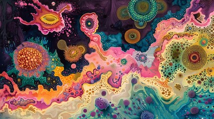 Vibrant abstract artwork resembling underwater coral or outer space phenomena, with colorful patterns and intricate details.