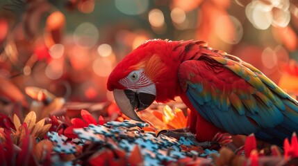 A red macaw examines blue puzzle pieces while sitting on a bed of red and orange leaves in the evening