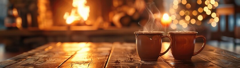 Two mugs of hot beverage on a wooden table with a fireplace in the background.