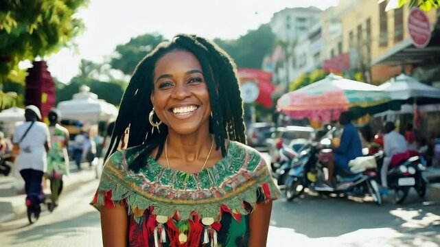 Woman smiling walking on a city street