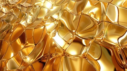 Elegant gold 3D abstract background showcasing hyper-realistic glass textures with intricate patterns and reflections