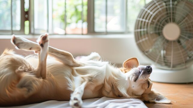A dog is stretched out in front of a fan, with its legs in the air. Another dog is sleeping upside down in its bed. These are ways to keep pets cool in hot weather.