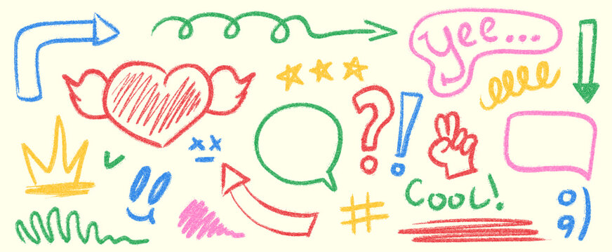 Set of multi-colored handwritten scribble doodles in chalk for poster, social media. Rough grunge brush texture of a child's or teenager's pencil drawing.