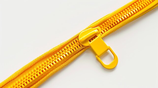 A bright yellow cartoon zipper is partly open on a white background, ready to close up.
