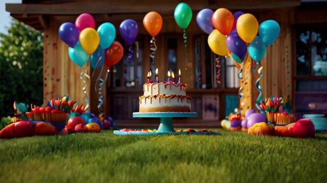 Birthday cake decoration with lots of colorful balloons