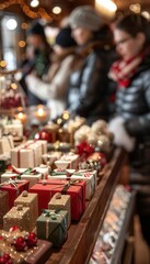 Shoppers browsing through a pop-up holiday shop filled with unique gifts and decorations