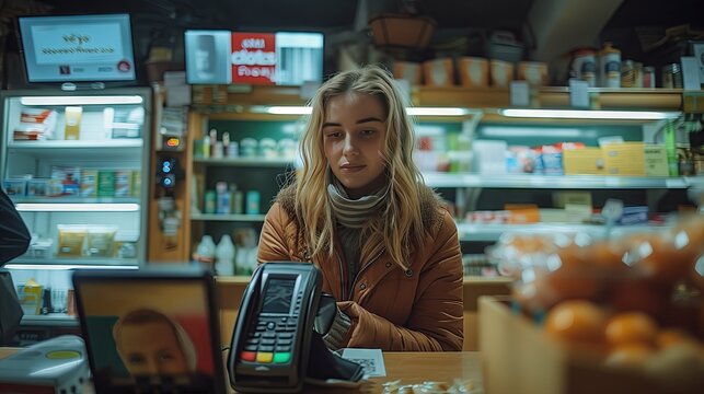 merchant women money payment device in shop