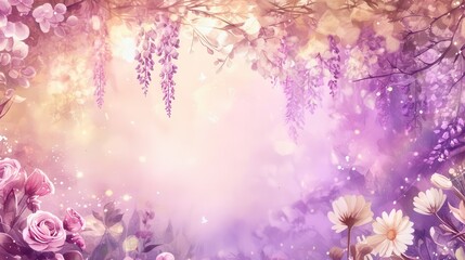 Obraz premium Dreamy floral background with pastel pink and purple flowers, perfect for fairy tale or fantasy themes. Light bokeh adds a magical touch.
