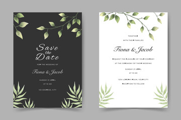 wedding invitation card design with watercolor leaves