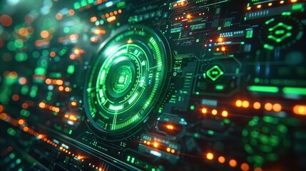 Fototapeta premium Futuristic green and orange circuit board with intricate digital interface, representing technology, innovation, and advanced computing systems.