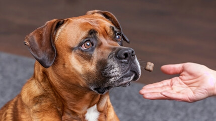 Obraz premium Anticipation and Focus. Hungry Dog Watching a Treat in Mid-Air. 