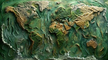 Conceptual world map depicted with mold and earthy textures, highlighting landmasses and continents in green and earthy tones.