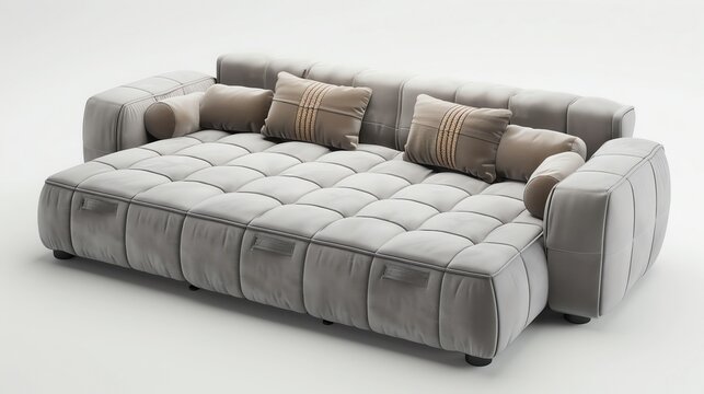 A convertible sofa bed with memory foam mattress and builtin storage compartments