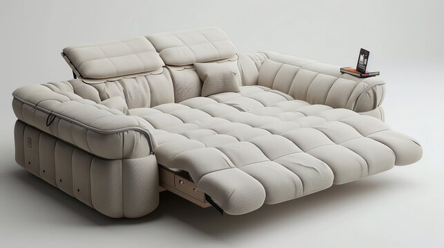 A convertible sofa bed with memory foam mattress and builtin storage compartments