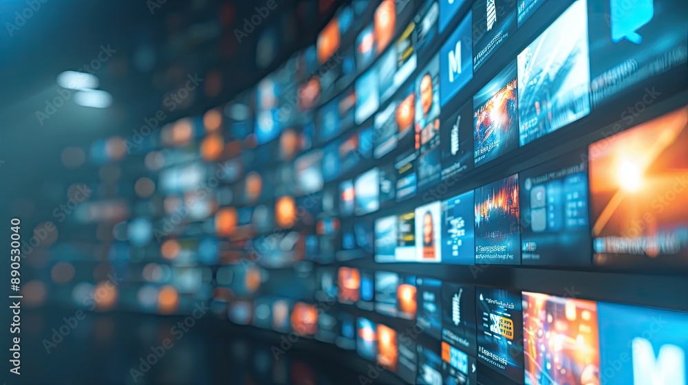 Poster hundreds of digital screens are arranged on a curved wall in a dark room. each screen displays a dif