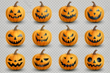 Collection of various jack-o'-lantern faces, perfect for Halloween decorations and spooky themes.

