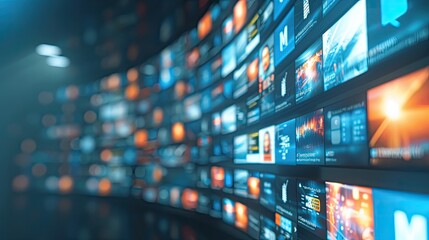 Hundreds of digital screens are arranged on a curved wall in a dark room. Each screen displays a different image, creating a dynamic and colorful display