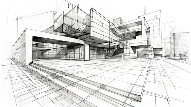 Construction housing project, real estate concept. Residential building blueprint plans. Pencil scetch