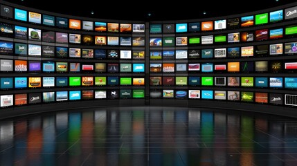 Hundreds of digital screens are arranged on a curved wall in a dark room. Each screen displays a different image, creating a dynamic and colorful display