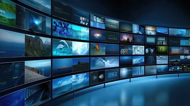 Hundreds of digital screens are arranged on a curved wall in a dark room. Each screen displays a different image, creating a dynamic and colorful display