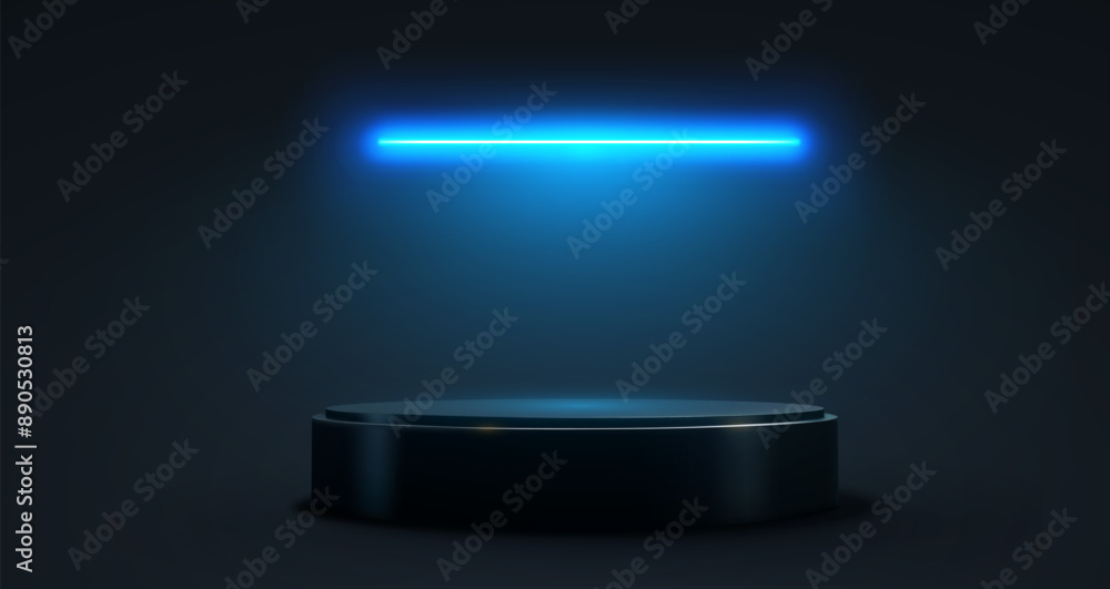 Leinwandbilder Empty Product Display Pedestal with Neon Light. Isolated Vector 3D Black Platform with Blue Neon Lighting, Symbolizing Futuristic and Modern Presentation for Creative Projects.