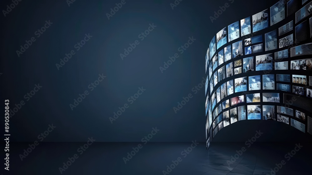 Poster hundreds of digital screens are arranged on a curved wall in a dark room. each screen displays a dif