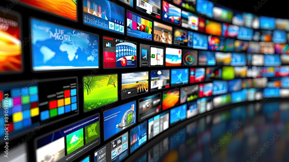 Poster hundreds of digital screens are arranged on a curved wall in a dark room. each screen displays a dif