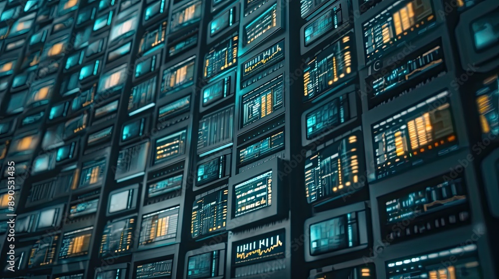 Poster hundreds of digital screens are arranged on a curved wall in a dark room. each screen displays a dif
