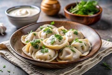 Russian cuisine. Dumplings in a ceramic bowl with sour cream and herbs.