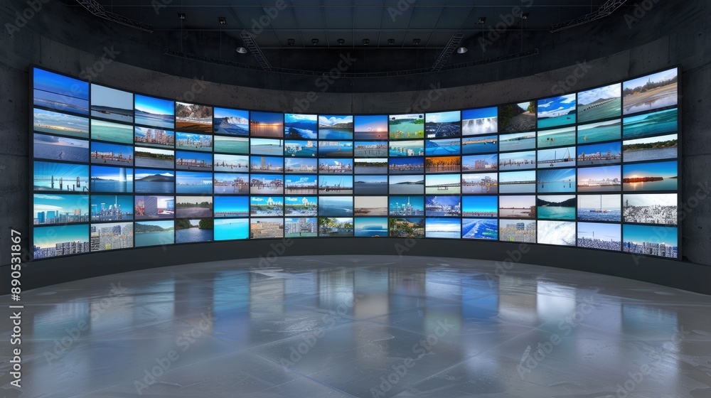 Poster hundreds of digital screens are arranged on a curved wall in a dark room. each screen displays a dif