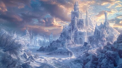 Frost-covered realm with ice castles and winter spirits, showcasing a magical winter landscape