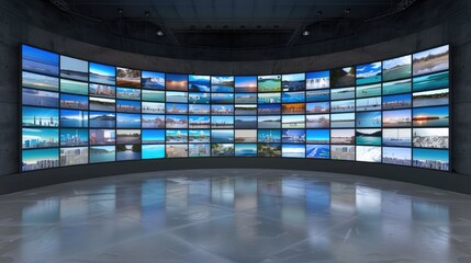 Hundreds of digital screens are arranged on a curved wall in a dark room. Each screen displays a different image, creating a dynamic and colorful display