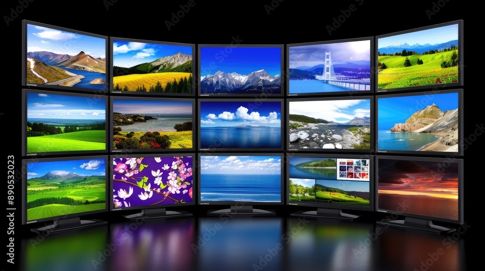 Poster hundreds of digital screens are arranged on a curved wall in a dark room. each screen displays a dif
