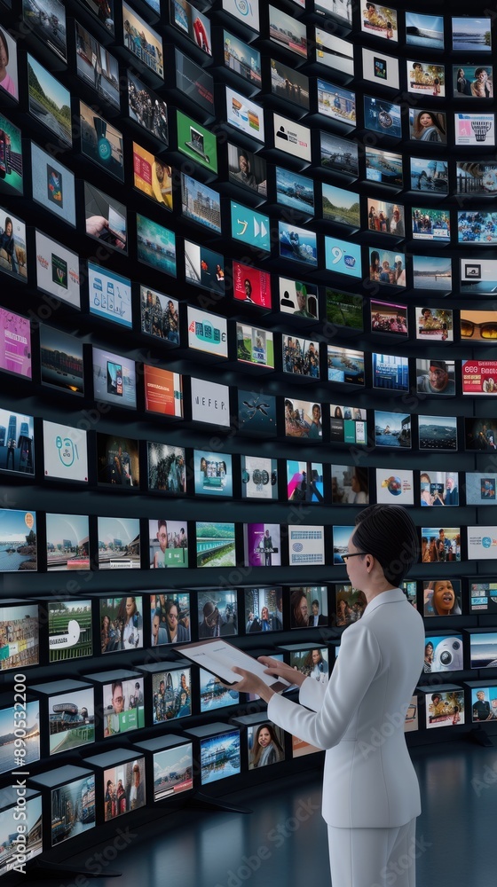 Poster hundreds of digital screens are arranged on a curved wall in a dark room. each screen displays a dif