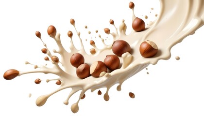 Fototapeta premium Hazelnuts splashing in a creamy liquid, with droplets and splashes creating dynamic movement against a white background