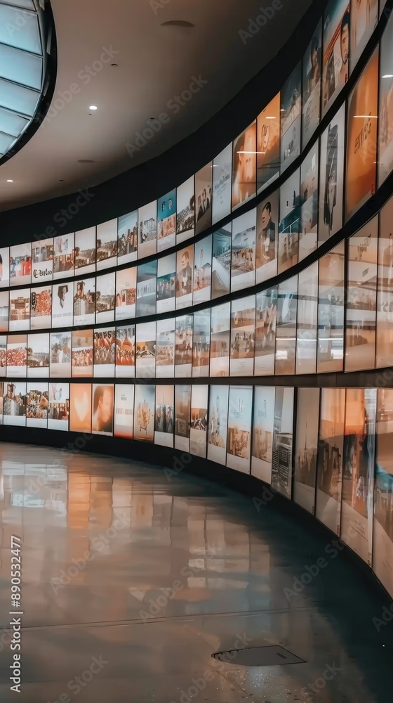 Poster hundreds of digital screens are arranged on a curved wall in a dark room. each screen displays a dif