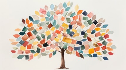 Watercolor art of a tree with books as leaves, signifying the growth of knowledge and learning mindset, warm and organic hues