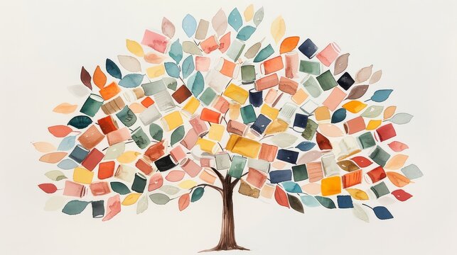Watercolor art of a tree with books as leaves, signifying the growth of knowledge and learning mindset, warm and organic hues