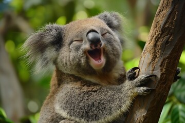 A cheerful koala hugging a tree trunk while laughing, captured in an outdoor setting with a background showing natural foliage.