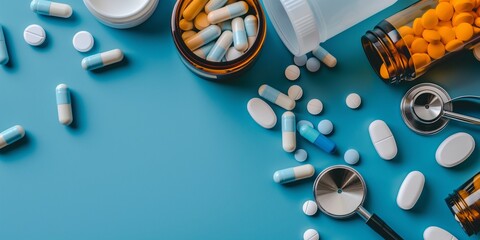 A collection of pills, capsules, and medical tools arranged on a blue background for healthcare and medicine visuals.