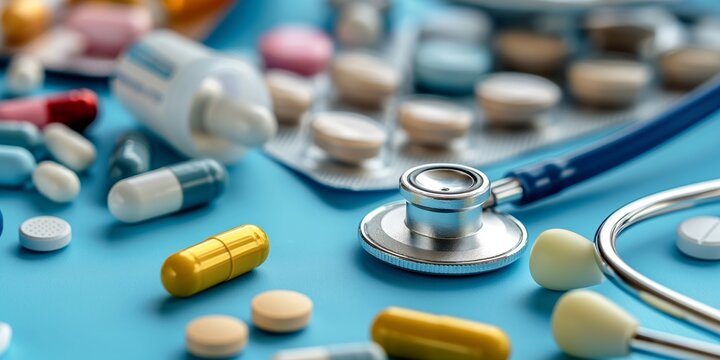 Close-up of a stethoscope with various colorful pills and packaging scattered on a blue surface for medical use. - Powered by Adobe