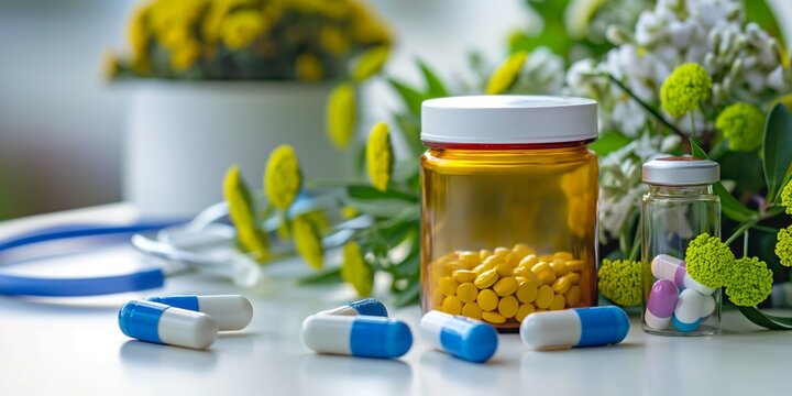A bottle filled with yellow pills surrounded by flowers, a stethoscope, and various capsules showcasing holistic medical care. - Powered by Adobe