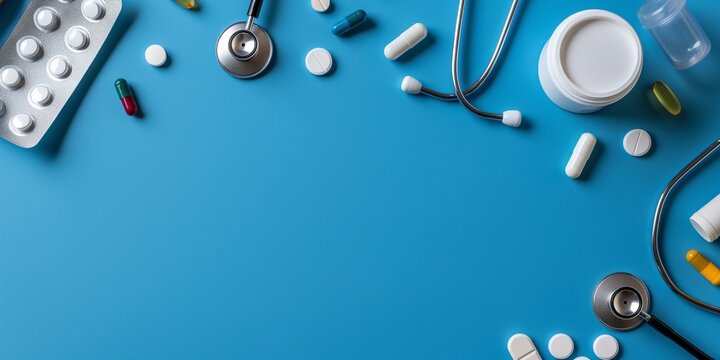 Various stethoscopes and pills spread on a blue surface symbolizing medical practice and pharmaceutical usage for healthcare.