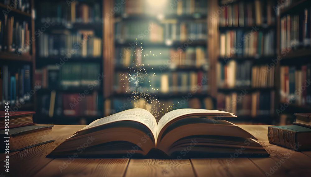 Poster closeup view of open book in library with blur bookshelf in background world book day, 