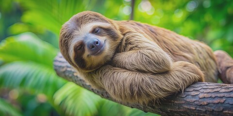 Fototapeta premium Cute brown sloth sleeping on the tree AI-Created Content