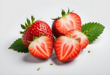 Fresh strawberries, some whole and some halved, displaying their bright red flesh and green leaves. The background is light and neutral, emphasizing the vibrant colors of the strawberries
