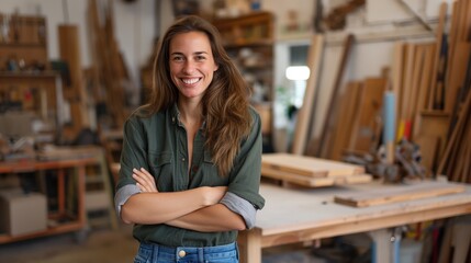 Smiling woman standing with crossed arms in a woodworking workshop with various tools and wooden materials in the background.